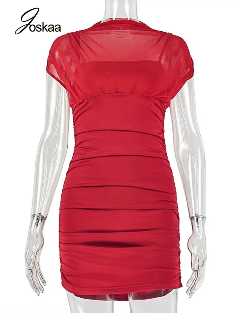 Women's Sleeveless Bodycon Pleated Mini Dress Red – Back View