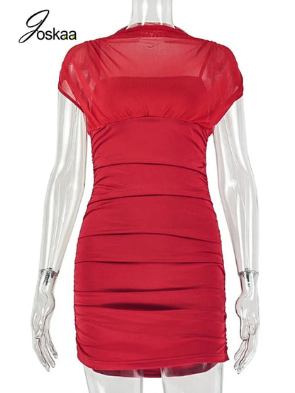 Women's Sleeveless Bodycon Pleated Mini Dress Red – Back View