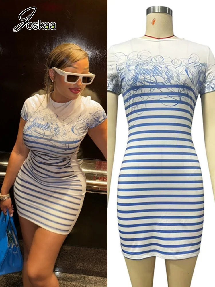 Women's Stripe Short Sleeve Bodycon Mini Dress – Women's Fashion Wholesale – Front View