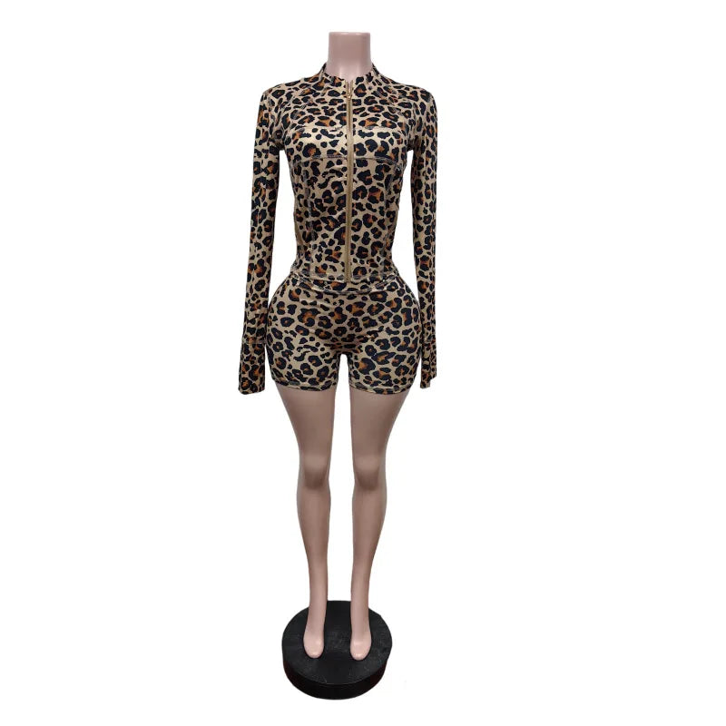 Women's Leopard Print Long Sleeve Two Piece Set