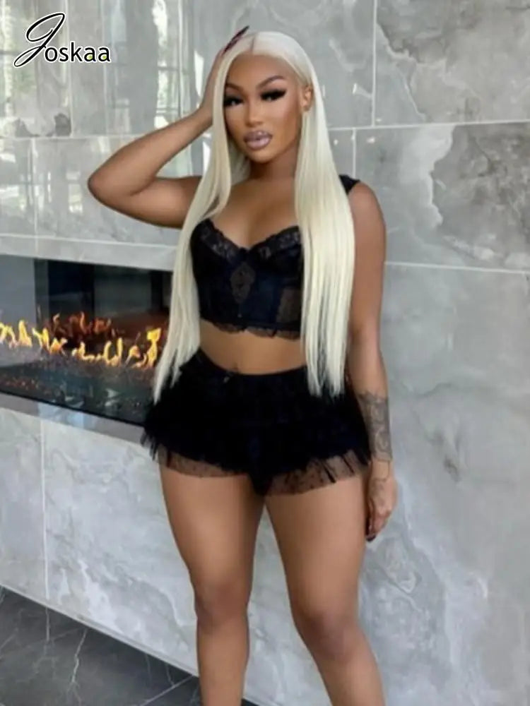 Wholesale Women's Lace Crop Mini Two Piece Set Black – Front View