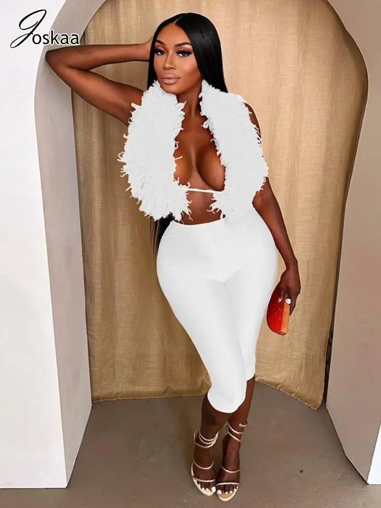 Women's Halter Faux Fur Tie-up Two Piece Set White – Front View