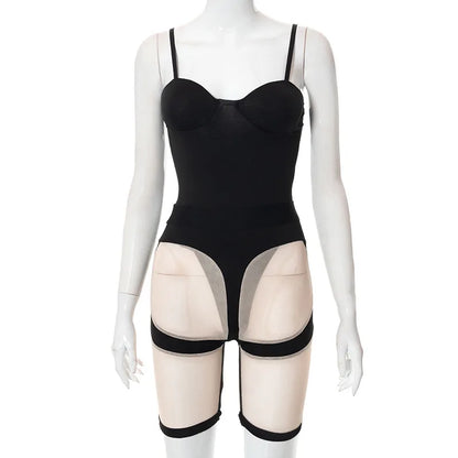 Women's Mesh Spaghetti Strap Black Two Piece Set