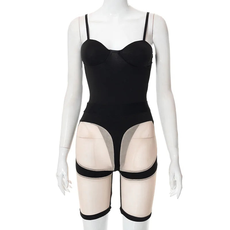 Women's Mesh Spaghetti Strap Black Two Piece Set