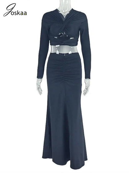 Women's Ruched Cutout Long Sleeve Two Piece Set Black – Back View