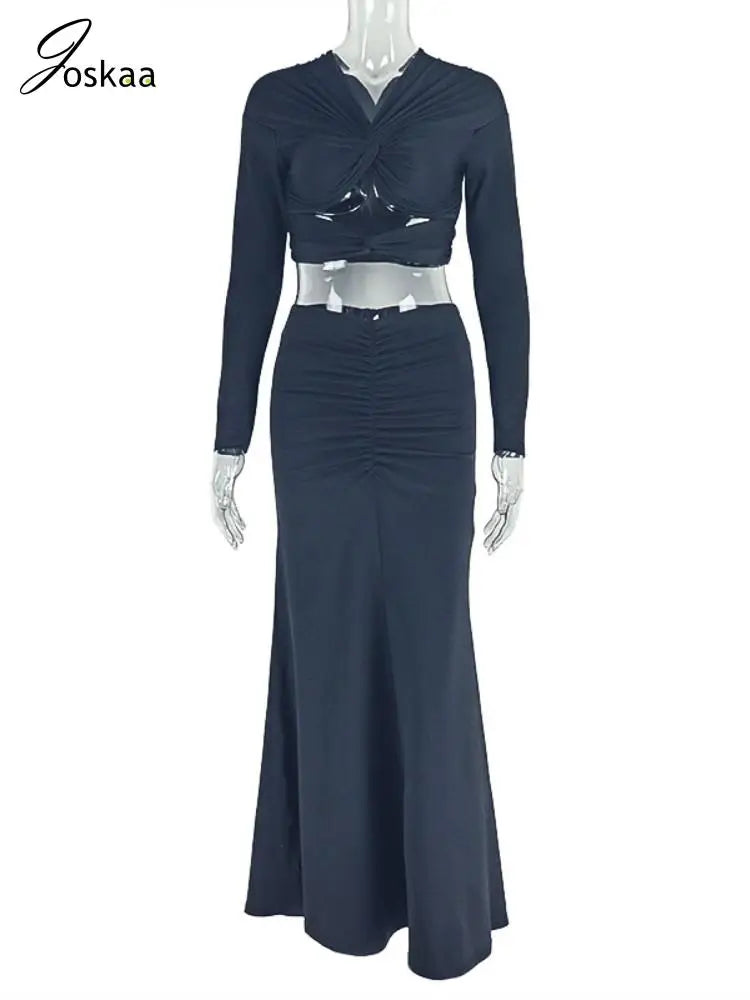 Women's Ruched Cutout Long Sleeve Two Piece Set Black – Back View