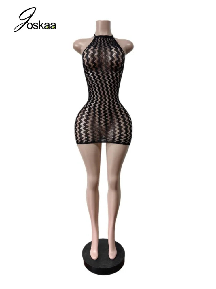 Women's Lace Mesh Backless Halter Mini Dress Bright Pink – Front View