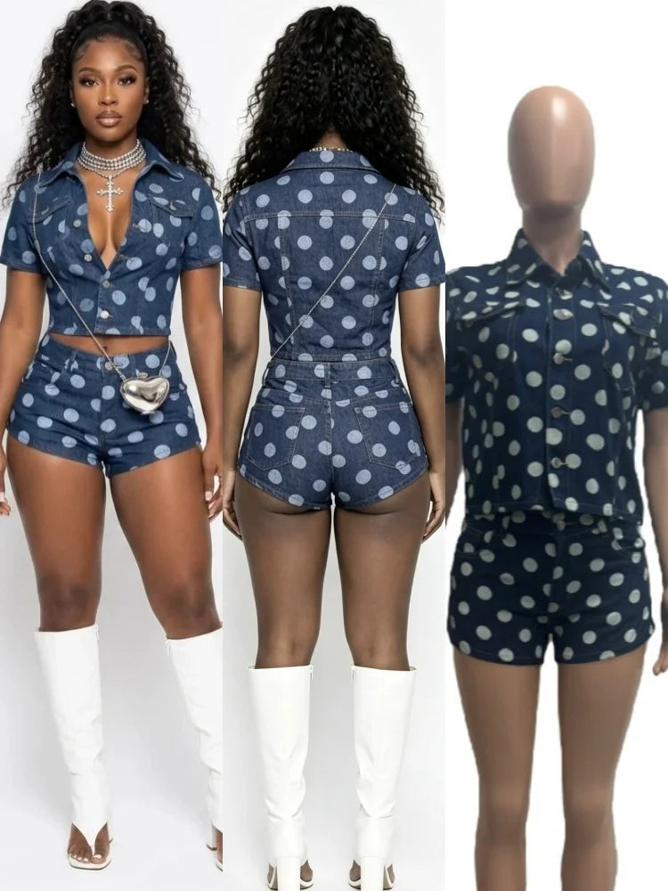 Women's Polka Dot Denim Print Two Piece Set - Additional View 8