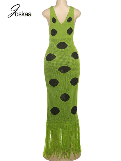 Women's Polka Dot Knit Cutout Maxi Dress Green – Detail View