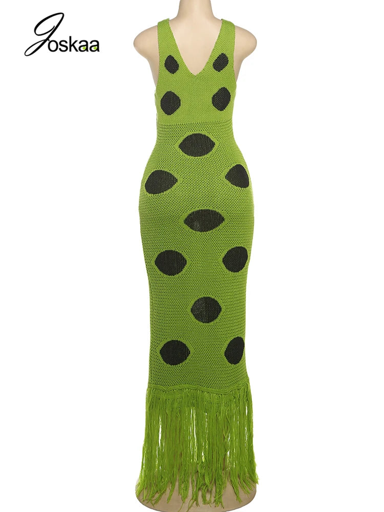 Women's Polka Dot Knit Cutout Maxi Dress Green – Detail View