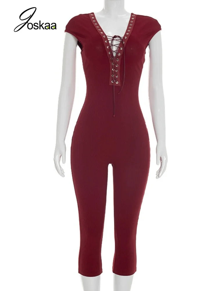 Women's Lace Knit Backless Sleeveless Romper Wine Red – Back View