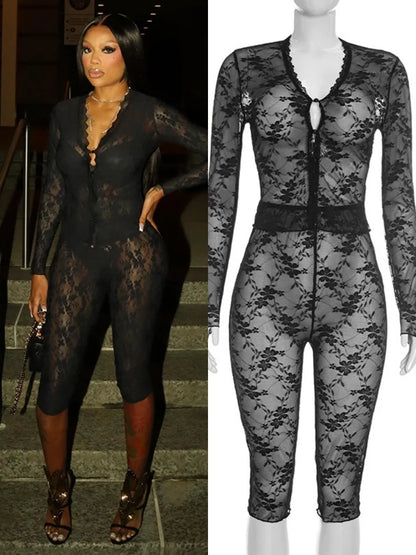 Women's Mesh Lace V-neck Long Sleeve Two Piece Set - Additional View 8