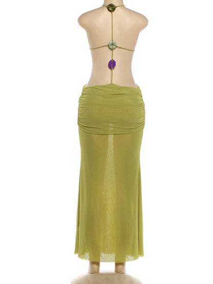 Joskaa Ruched Backless Dress Long Green Evening - dress image 4