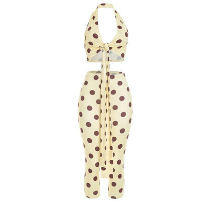 Women's Polka Dot V-neck Halter High Waist Two Piece Set - Detail View 6