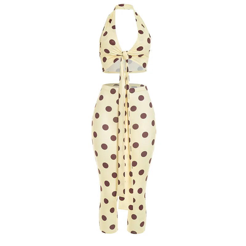 Women's Polka Dot V-neck Halter High Waist Two Piece Set - Detail View 6