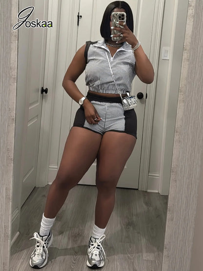 Women's Striped Zip Up Sleeveless Two Piece Set - Front View