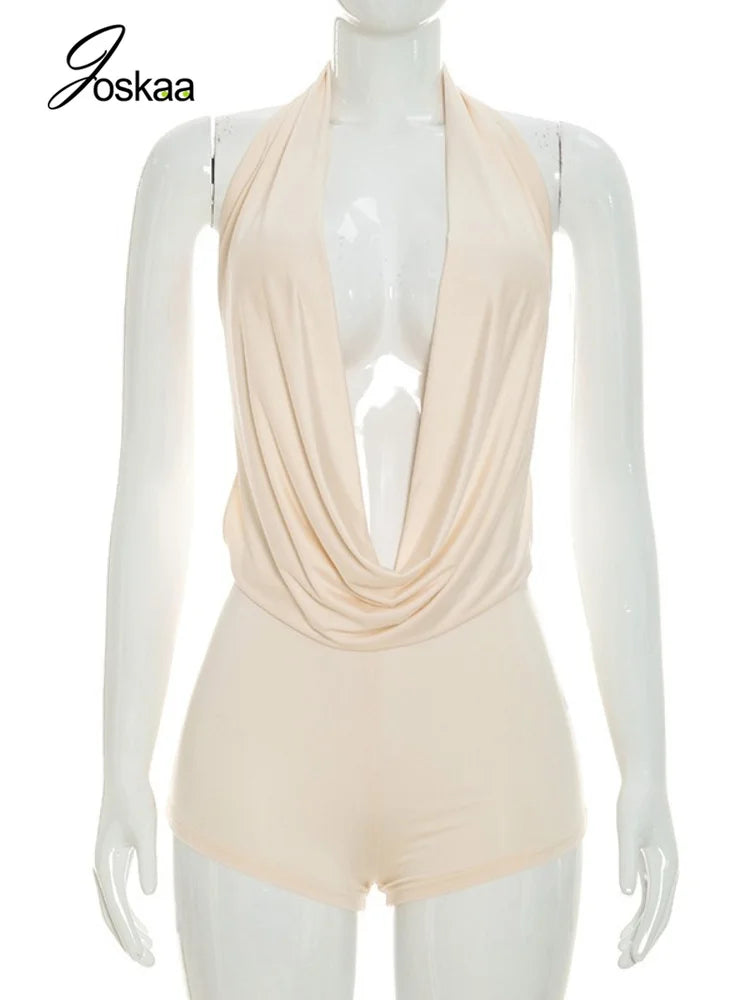 Women's Halter Sleeveless Bodycon Romper Apricot – Back View