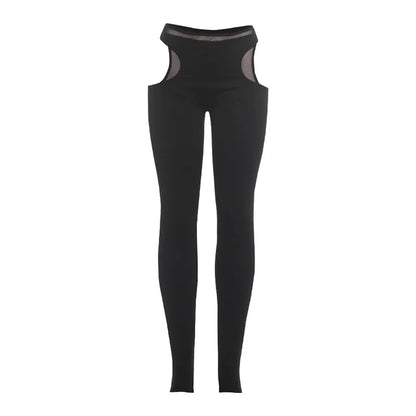 Women's Mesh Cutout Bodycon Pants Black Stirrup Leggings - Detail View 6