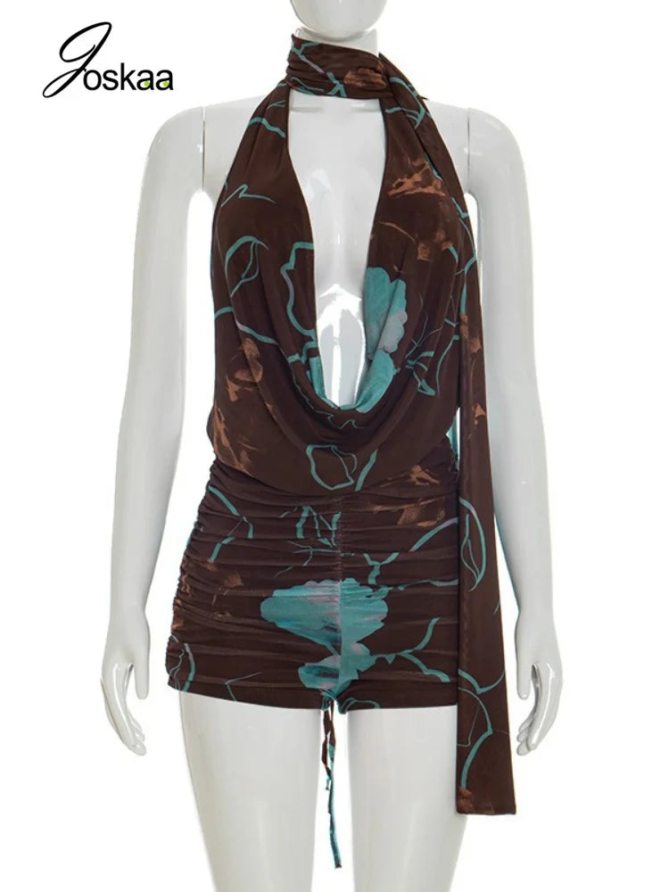 Women's Floral Print Mesh Ruched Backless Romper - Detail View 3