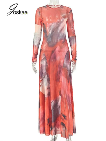Women's Mesh Long Sleeve Bodycon Maxi Dress Mixed – Back View