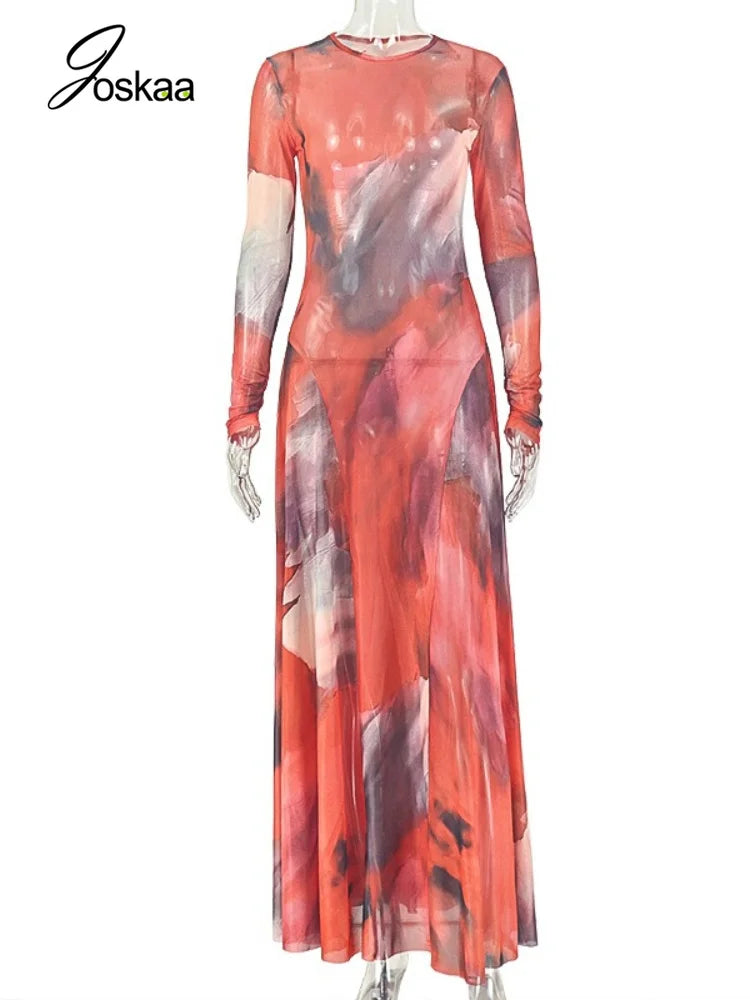 Women's Mesh Long Sleeve Bodycon Maxi Dress Mixed – Back View