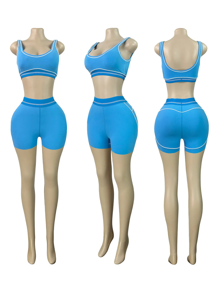Women's Crop Color Contrast Line Two Piece Set