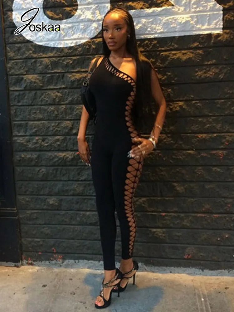 Women's Cutout Sleeveless One Shoulder Bodycon Romper - Front View