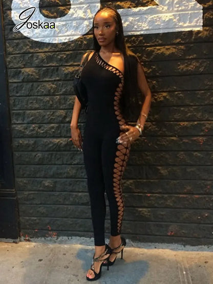Women's Cutout Sleeveless One Shoulder Bodycon Romper - Front View