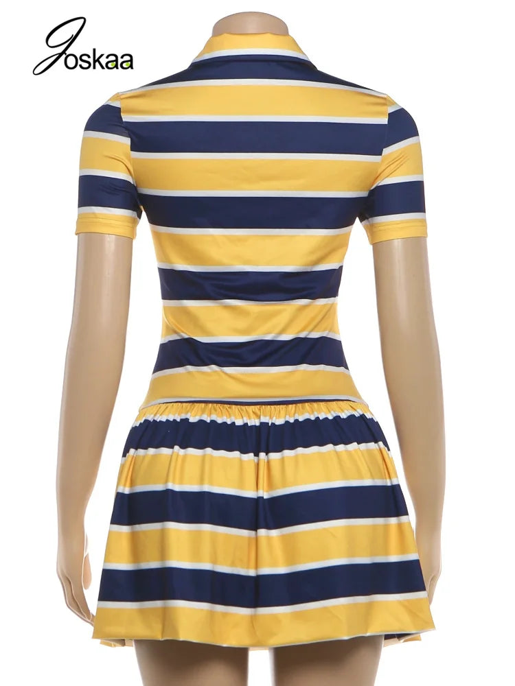 Women's Stripe Ruched Short Sleeve Mini Dress Yellow – Detail View