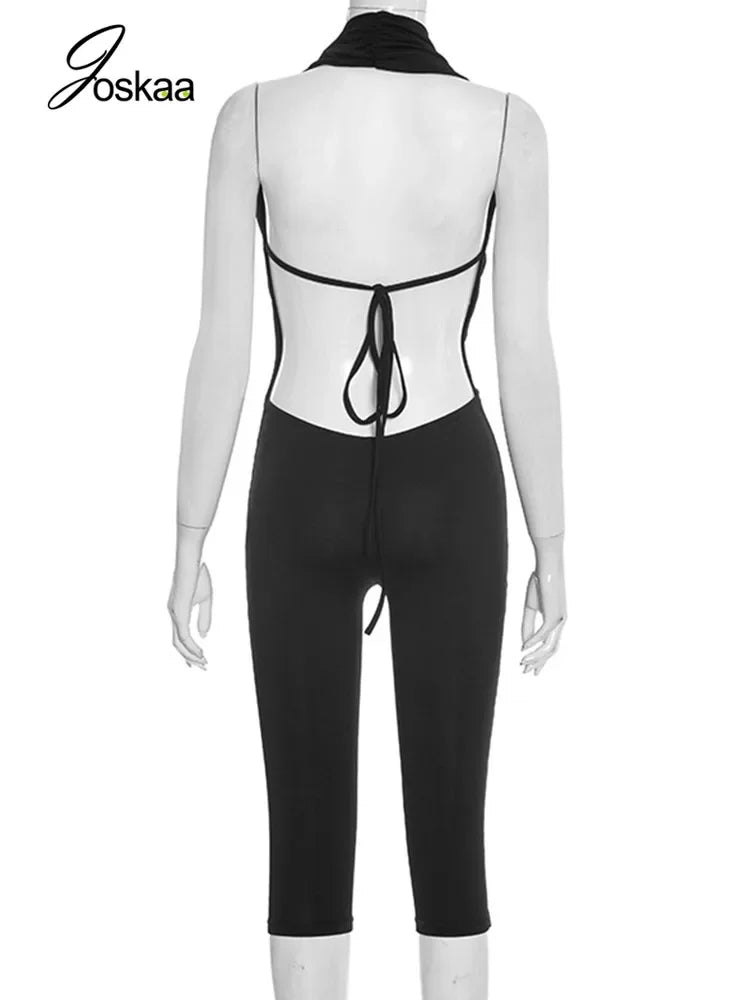 Women's Backless V-neck Halter Sleeveless Romper - Detail View