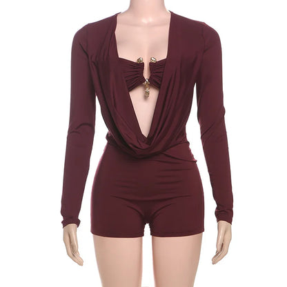 Women's Long Sleeve Bodycon Metal Buckle Decorate Romper