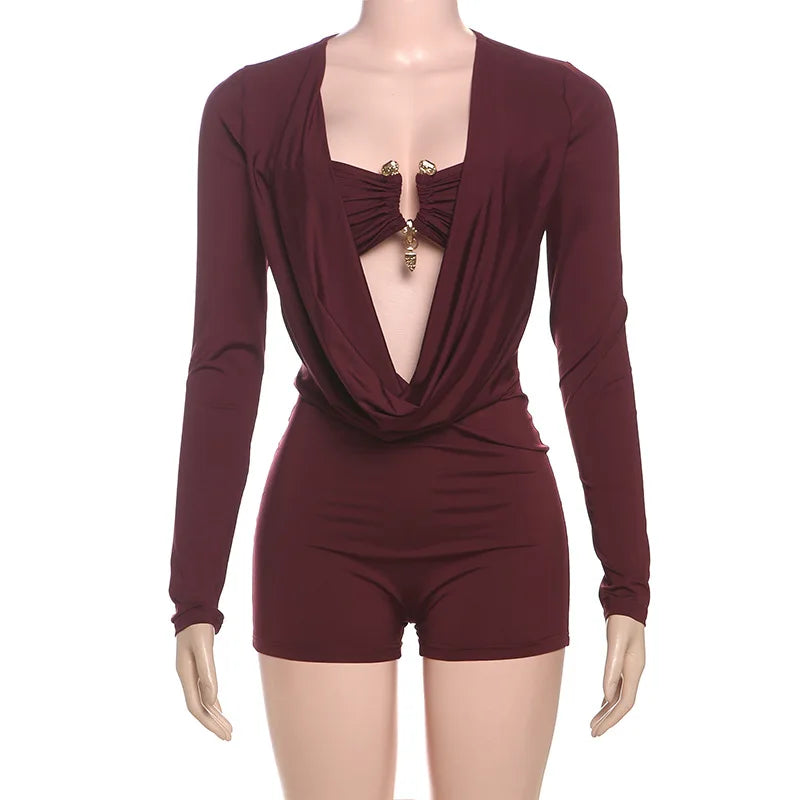 Women's Long Sleeve Bodycon Metal Buckle Decorate Romper