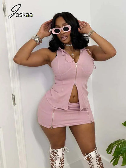 Women's Zip Up Sleeveless Two Piece Set - Front View