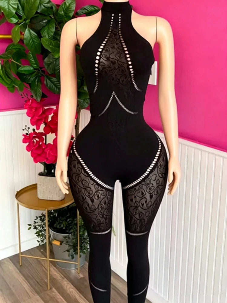 Women's Mesh Backless Cutout Halter Romper - Detail View 7