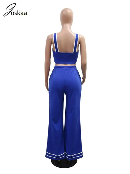 Women's Crop Flare Wide Leg Patchwork Two Piece Set Blue – Detail View