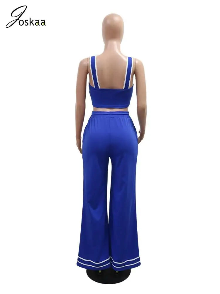 Women's Crop Flare Wide Leg Patchwork Two Piece Set Blue – Detail View