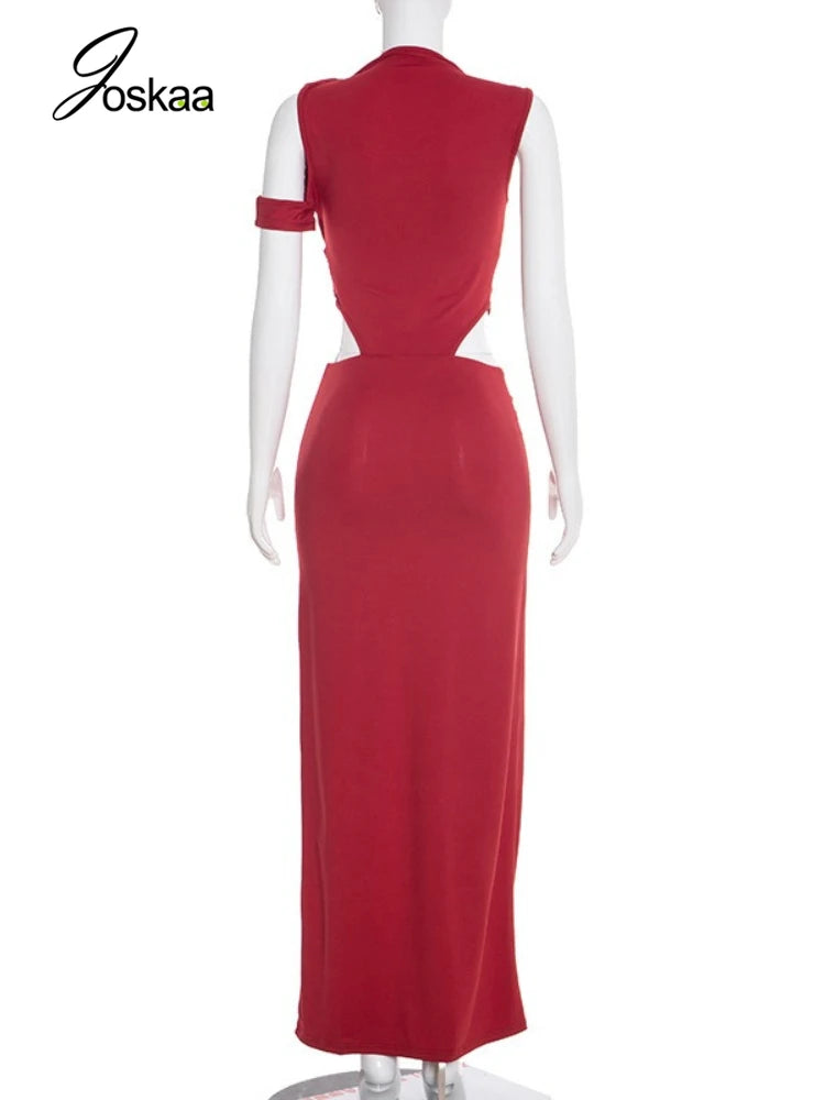 Women's Cutout Bodycon Knot Irregular Single Maxi Dress Blue – Detail View