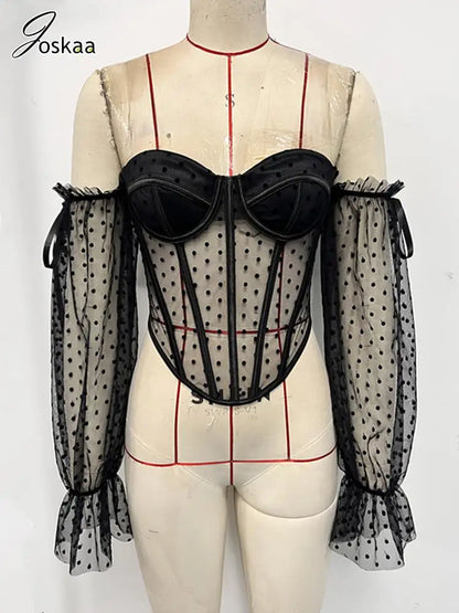 Women's Mesh Sheer Off-shoulder Fall Top Black – Detail View