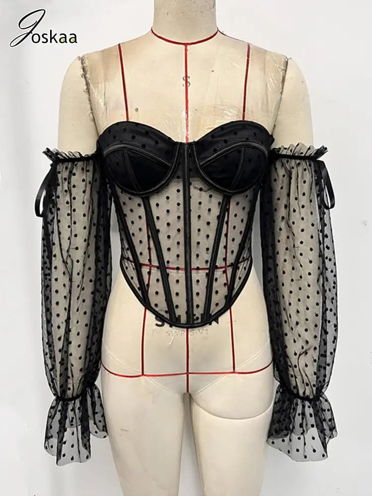 Women's Mesh Sheer Off-shoulder Fall Top Black – Detail View