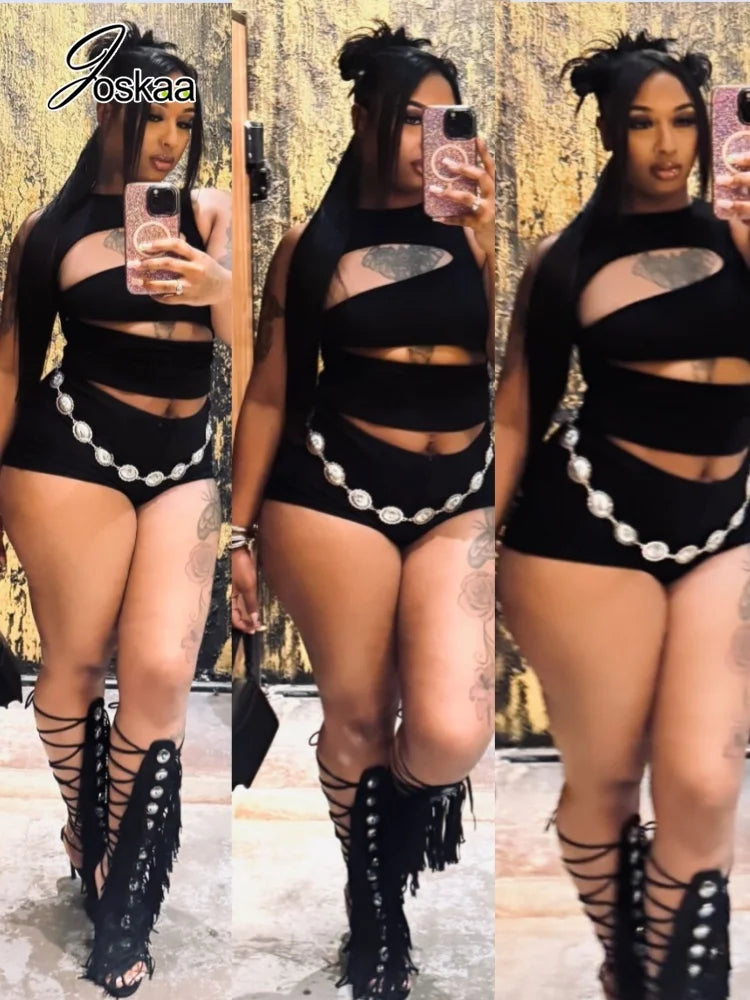 Women's Ribbed Knit Cutout Two Piece Set - Front View
