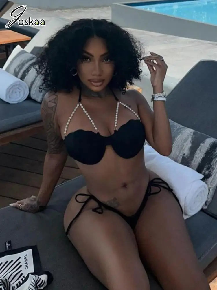 Women's Lace Swimwear Solid Chain Bikini Set – Women's Fashion Wholesale – Front View