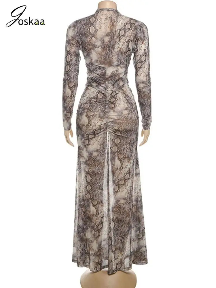 Women's Snake Print Ruched Cutout Maxi Dress Khaki – Detail View