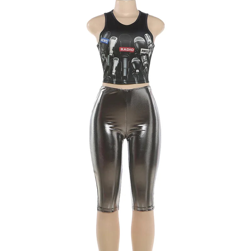 Joskaa Crop Two Piece Set Mic Printed O-neck - two piece set image 5