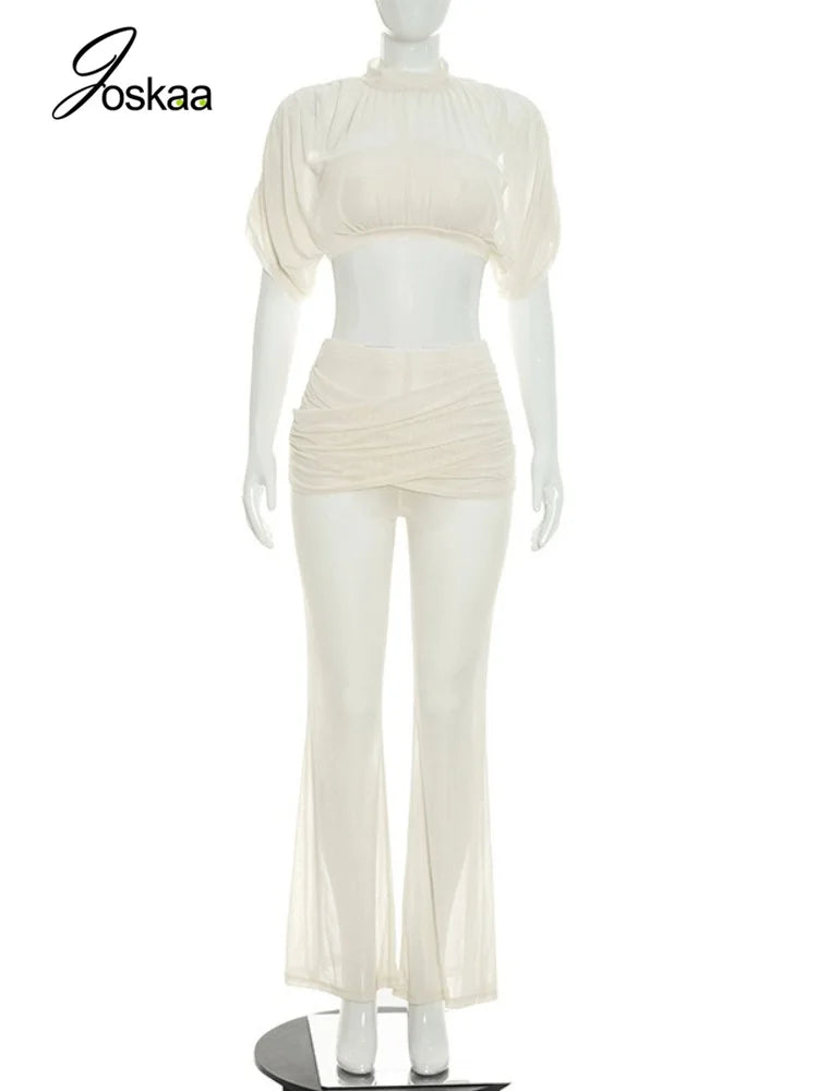 Women's Mesh Ruched Crop Flare Two Piece Set Apricot – Back View