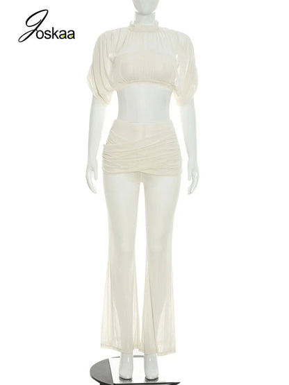 Women's Mesh Ruched Crop Flare Two Piece Set Apricot – Back View