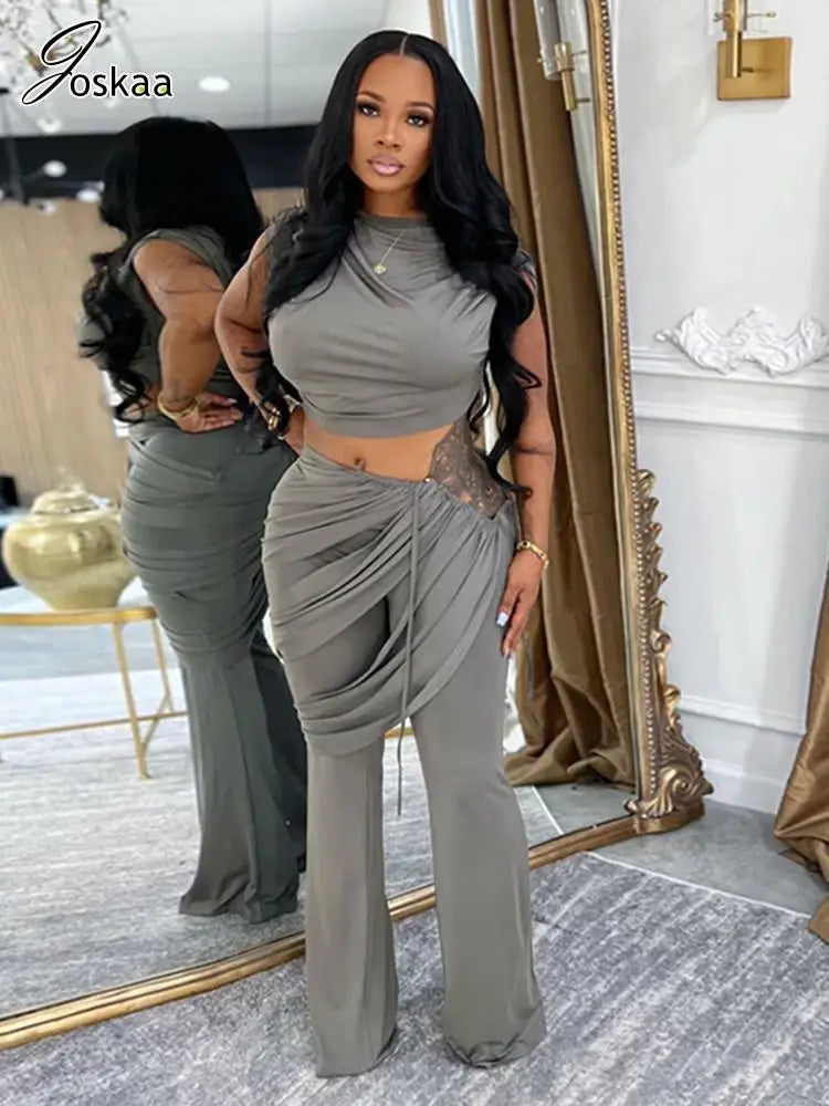 Wholesale Women's Ruched Crop Flare Two Piece Set – Women's Fashion Wholesale – Front View