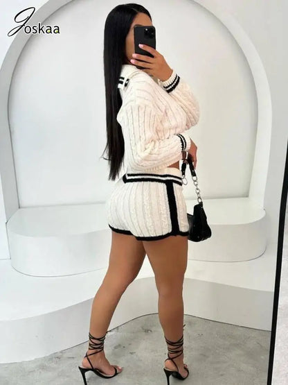 Women's Stripe Knit Long Sleeve Two Piece Set Dark Blue – Side View