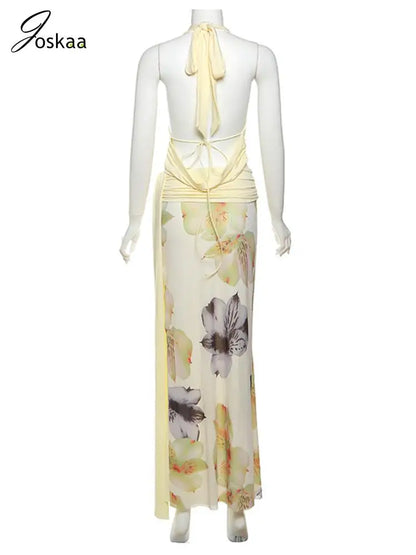 Women's Backless Halter Maxi Two Piece Set Apricot – Detail View