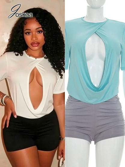 Women's Ruched Backless Cutout Short Sleeve Romper – Women's Fashion Wholesale – Front View