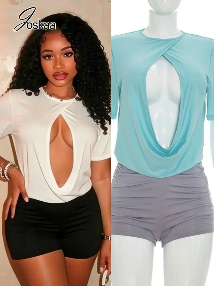 Women's Ruched Backless Cutout Short Sleeve Romper – Women's Fashion Wholesale – Front View